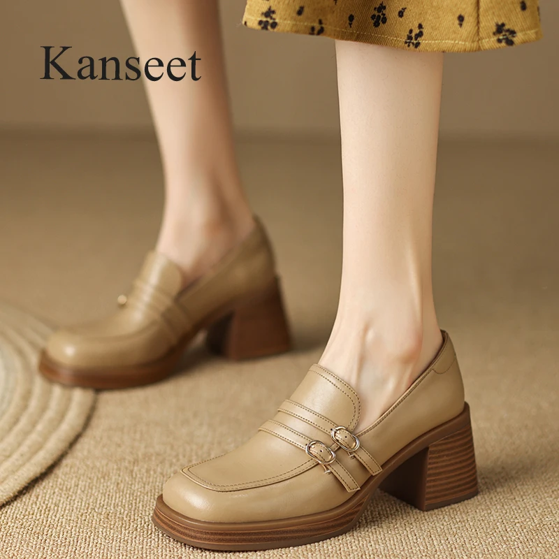 

Kanseet New Genuine Leather Women's Shoes 2023 Spring Platform Round Toe Belt Buckle High Heels Ladies Casual Pumps 40 Apricot