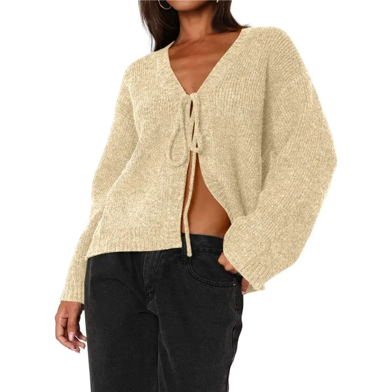 GROCE-여성용 타이 프론트 크롭 가디건 스웨터 V넥 오픈 프론트 스웨터 크로셰 케이블 리브드 니트 탑