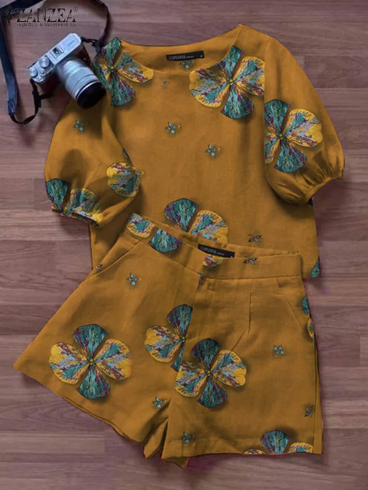 

ZANZEA Woman Floral Printed Suit Short Sleeve O-Neck Tops Shorts 2pcs Summer Fashion OL Matching Sets Elegant Street Outifit