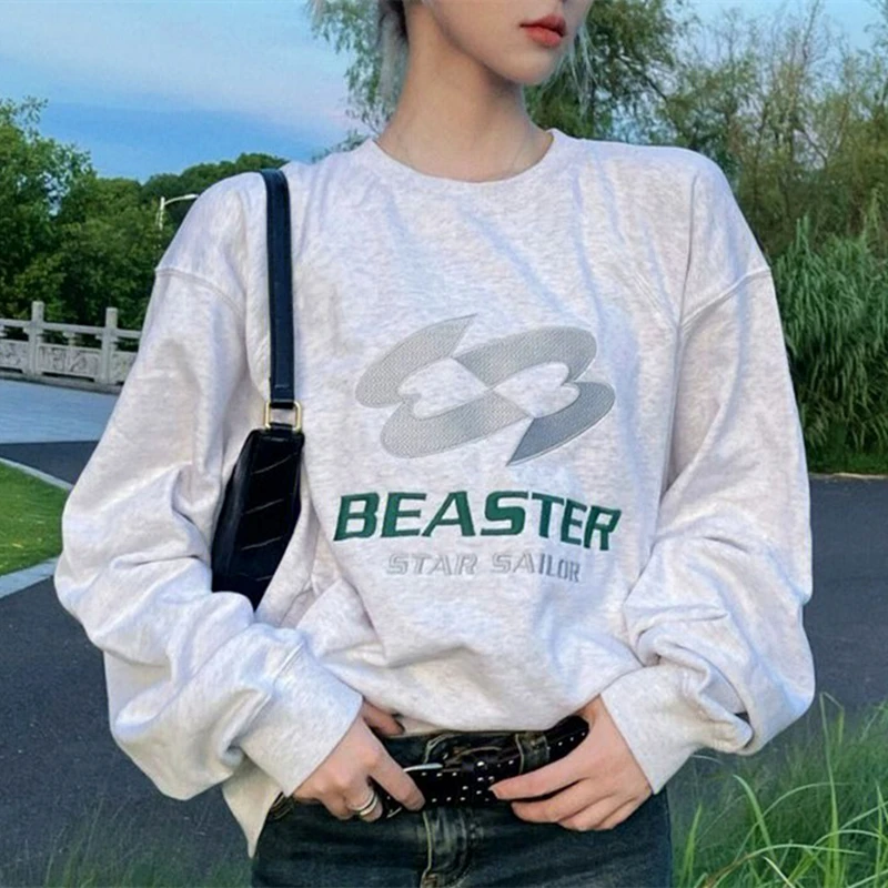 

High Street Letter Print Gray Cotton Sweatshirt Loose Casual Ladies O-neck Pullover Korean Fashion Tops Women Vintage Winter Top