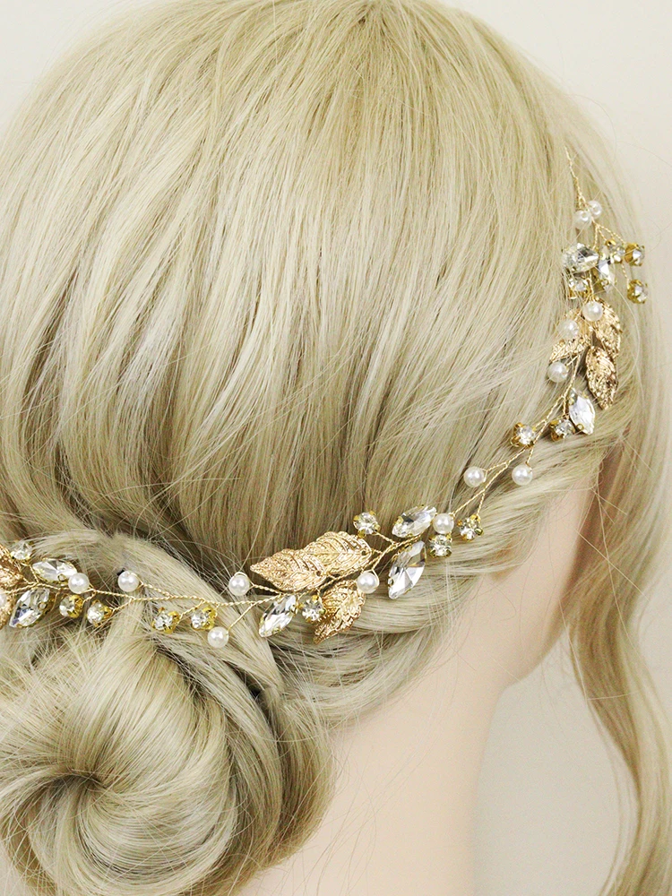 Golden Leaves Bridal Headbands Handmade Party Hairband Simple Women and Girls Hair Vine Wedding Hair Accessories for Banquet