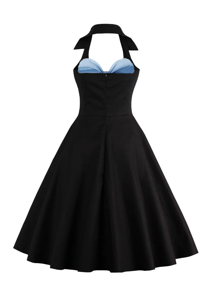 Strapless Halter Sexy 50s Vintage Women Dress V Neck Pathwork Pinup Big Swing Vestidos Elegant