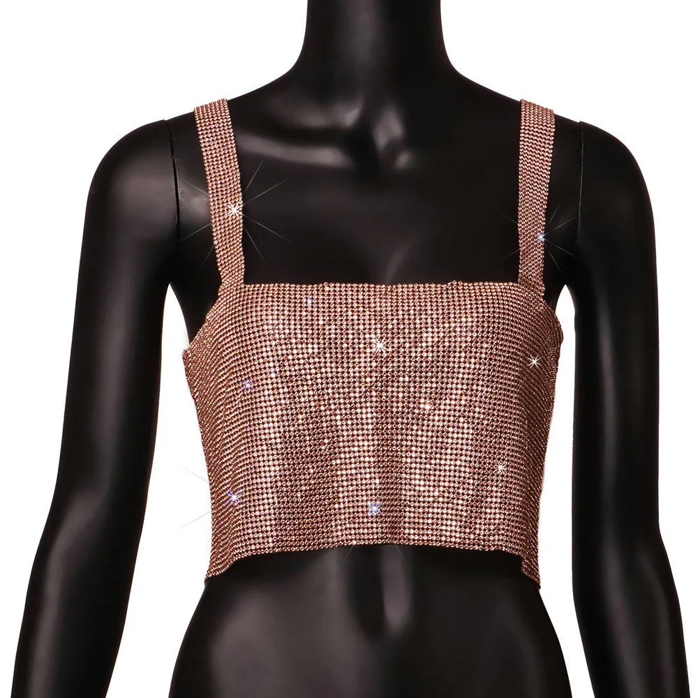 Camiseta sin mangas de malla metálica con diamantes de imitación para mujer, top corto con cadena hueca en la espalda, chaleco sexy para fiesta en la playa