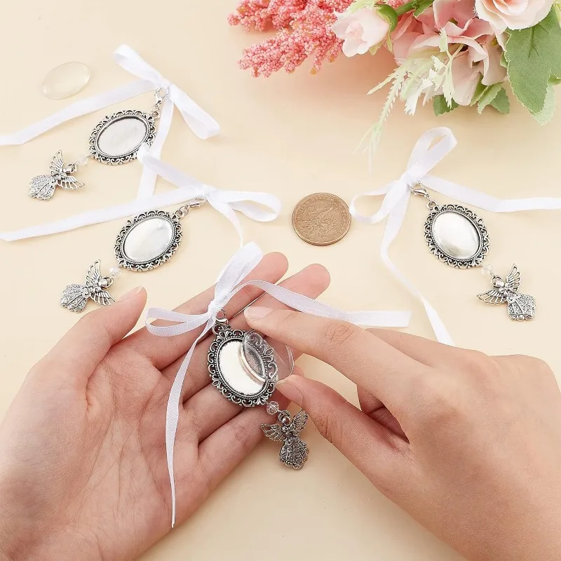 10Pcs Wedding Bouquet Photo Charms Alloy Memorial Angel Photo Charm 95mm Oval Frame Bridal Charm Angel Wing Charms