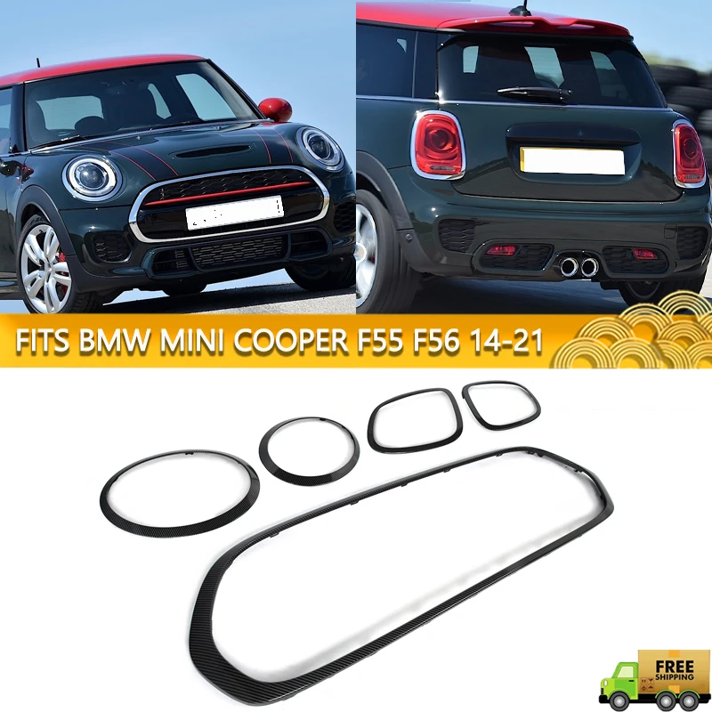 Osłony świateł przeciwmgielnych przedniego grilla w stylu karbonowym do Mini Cooper S F55 F56 F57 2014-2022, 5 sztuk, osłony świateł tylnych lewych i prawych, nakładki, listwy.