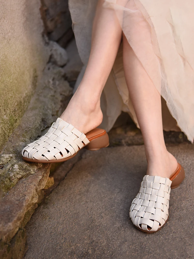 

Artmu Closed Toe Woven Women Slippers Handmade Slippers Luxury Elegant Shoes Genuine Leather 3.5cm Thick Heel Sandals Girls