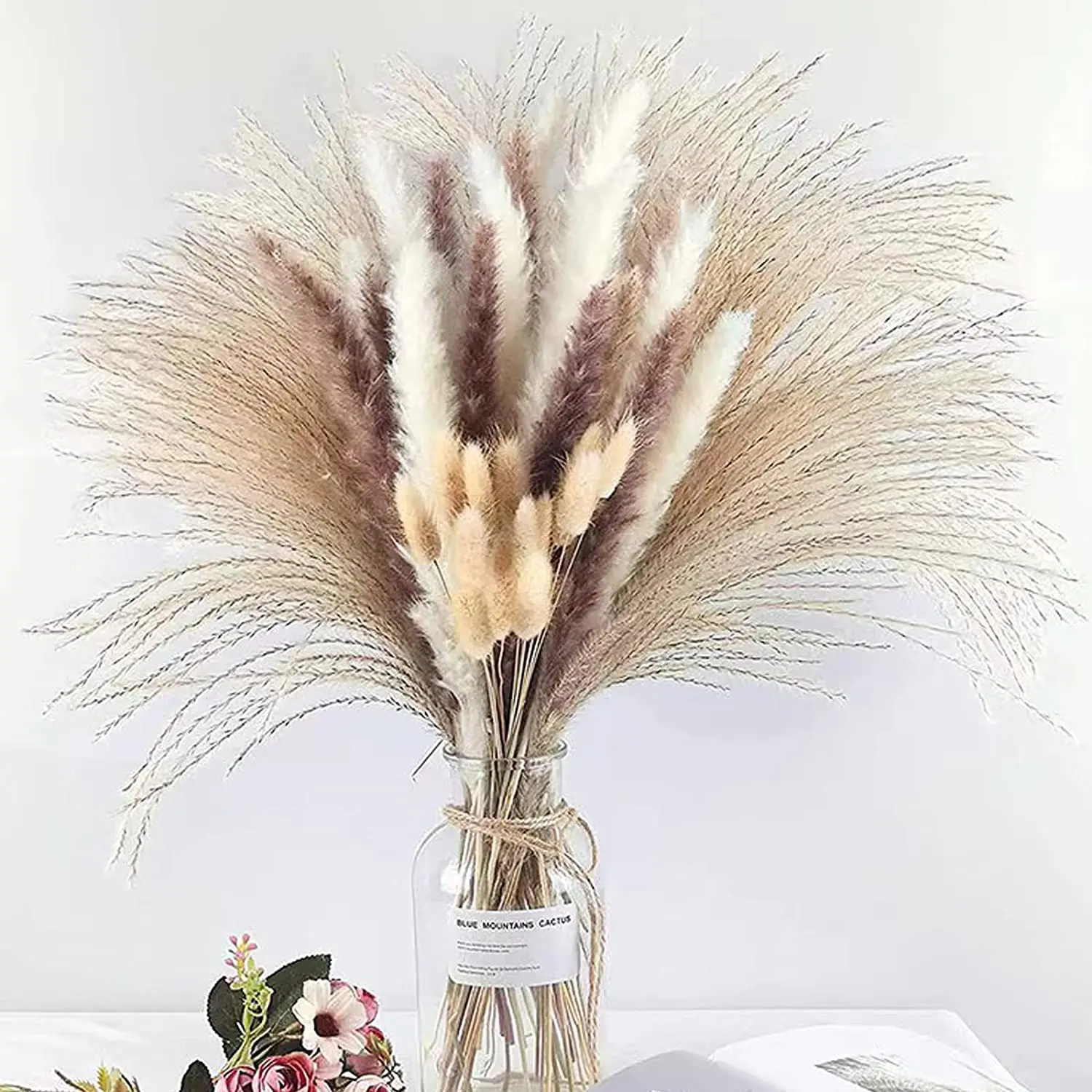 

100Pcs Pampas Grass Including White & Natural Dried Flowers, Reed Grass Bouquet for Wedding Boho Home House Table Party Decor