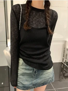 AOSSVIAO المرأة الأبيض كم طويل تي شيرت الربيع الصيف الأساسية فضفاضة تناسب موضة مثير انظر من خلال عادية المحملة فام رقيقة 2025 3