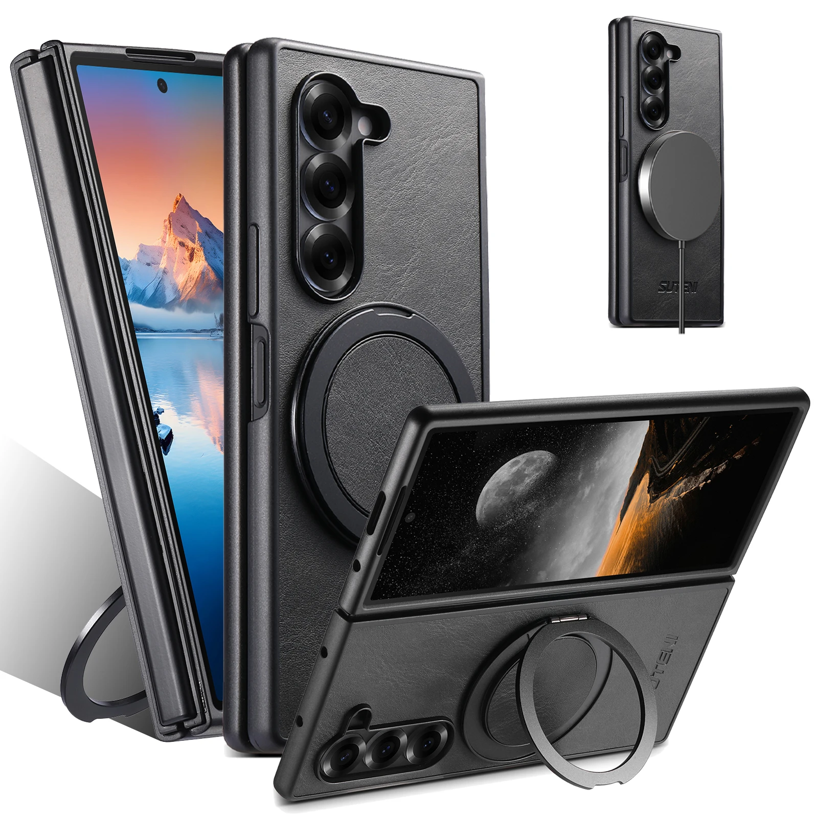 360 Rotating Ring Holder Leather Case for Samsung Galaxy Z Fold 7 6 5 5G Kickstand Magnetic for Masafe Wireless Charging Cover | Gaffar India