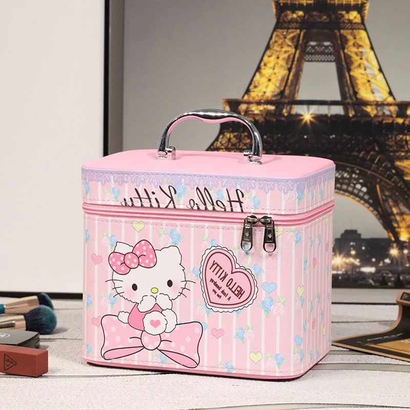 

Hello Kitty Kawaii Sanrio Anime Ins Makeup Box Cute Cartoon Kt Cat Large Capacity Portable Storage Case Gifts for Girls