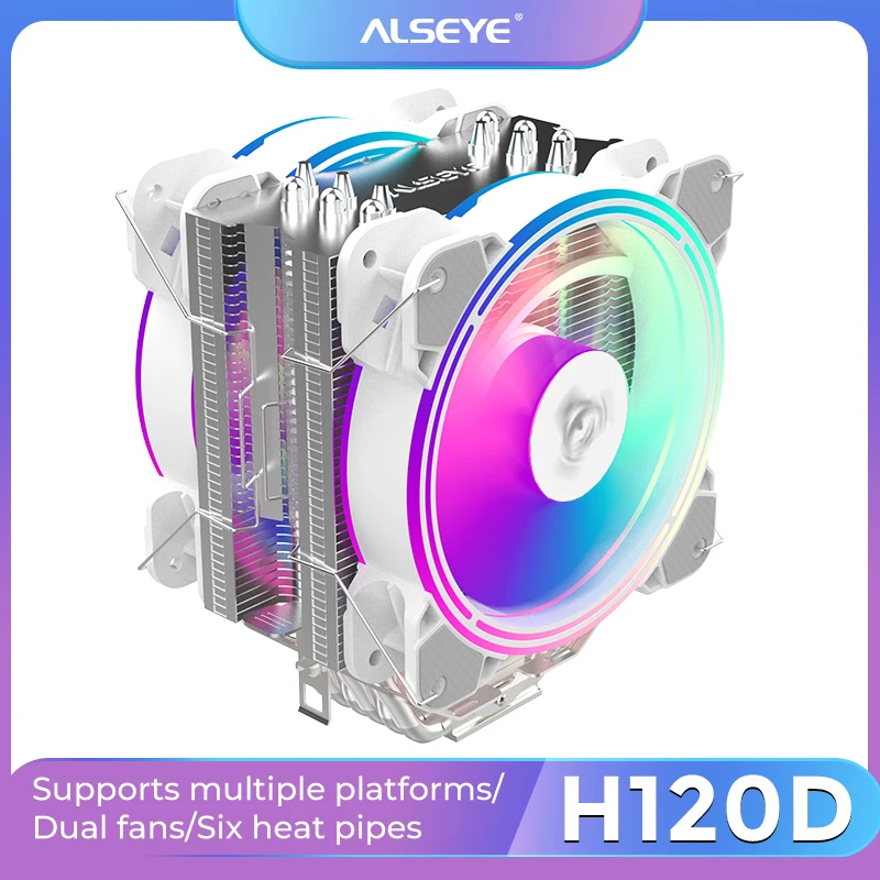 Alseye h120d ar cpu cooler am4 ventilador rgb cpu 120mm 4 pinos 6 tubos