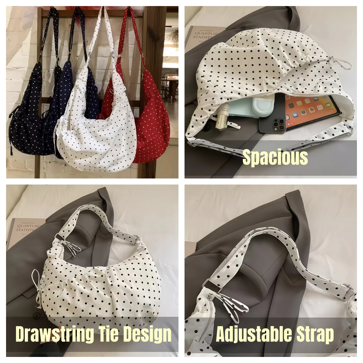 Borsa a Spalla Hobo da Donna in Stile Coreano, Bianca, Nera e Rossa a Pois, con Tracolla Regolabile in Nylon, Design con Coulisse, Leggera e di Grande Capacità - immagine 4