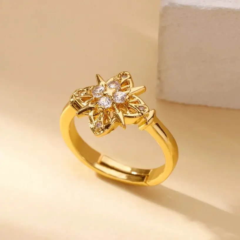Four Leaf Clover Zircon Rings Gold Color Stainless Steel Ring