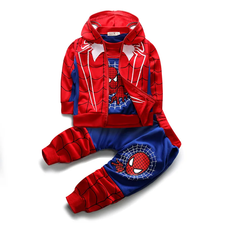 3pcs Cartoon Print Spiderman Cosplay Costume Autumn Kids Boys Sleeveless Hooded Vest T Shirt Pant Tracksuit Children Outfits