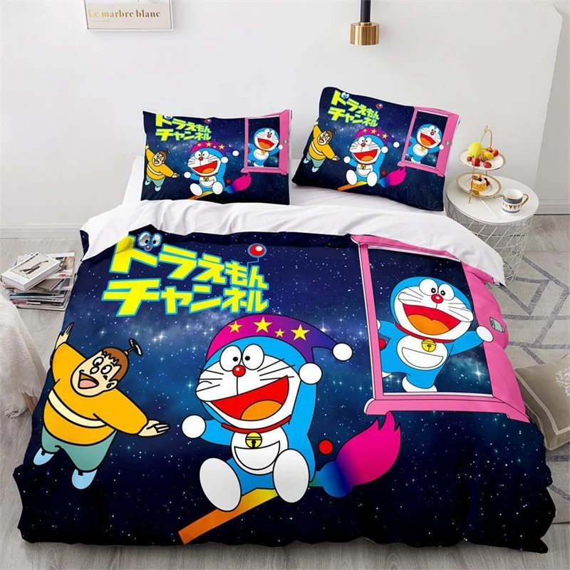 

3pc Duvet Cover Blue Cat D-o-raemon Anime Bedding Set for Kids 3D Stitch Teenagers Boys Girls Single Double Large King Size Home