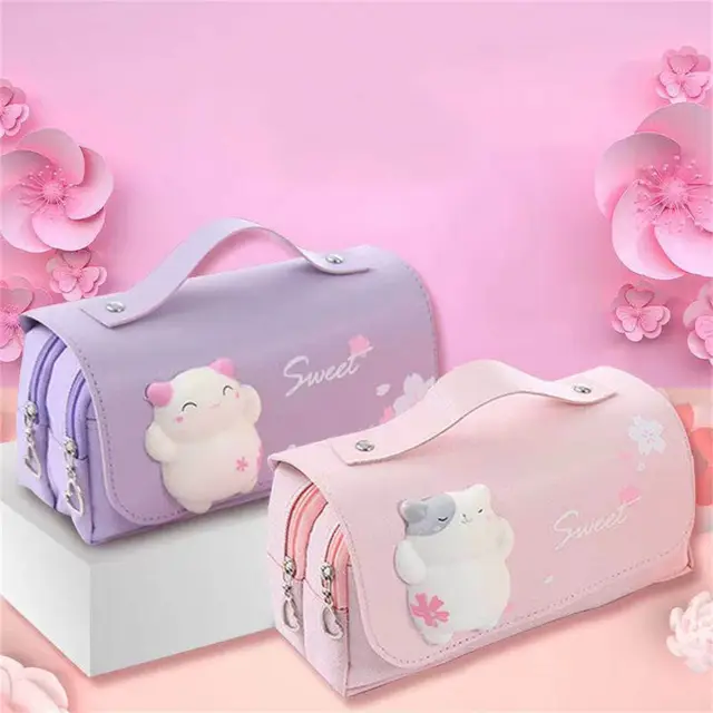 Cute Cat Decompression Pencil Case Big Pencil Box Portable - Temu