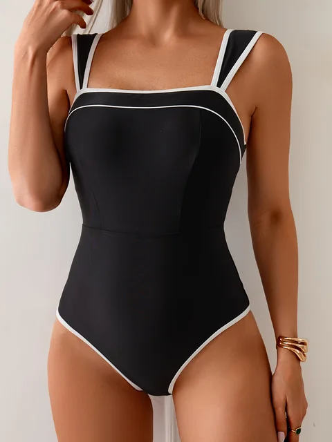 Vintage Black White Contrast Swimwear Women Sexy Push Up Slim Tummy Control One Piece Swimsuit Beach Bathing Suit Pool Monokini 1