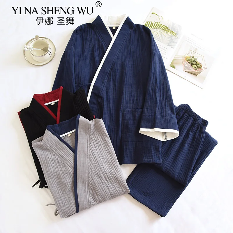 Japanese Style Spring and Autumn Thin Men's Kimono Hanfu Pure Cotton Gauze Pajamas Plus Size Home Steaming Suit