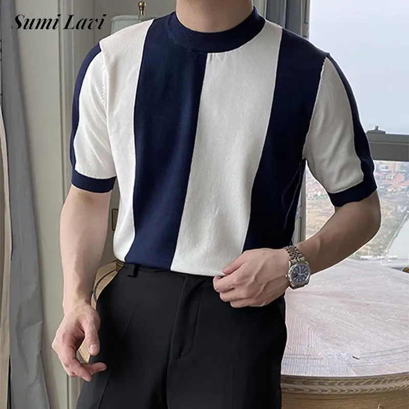 

New Fashion Patchwork Striped Knit T Shirts Men Short Sleeve Crew Neck Slim Pullover Streetwear Tops Mens Casual Knitted T-shirt