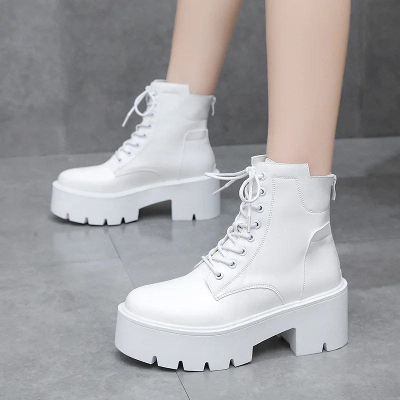 Women's Ankle Boots Lace Up Square Toe Ladies Boots Thick Bottom Non-slip High Heels Female Shoes Winter Footwear Boots Large