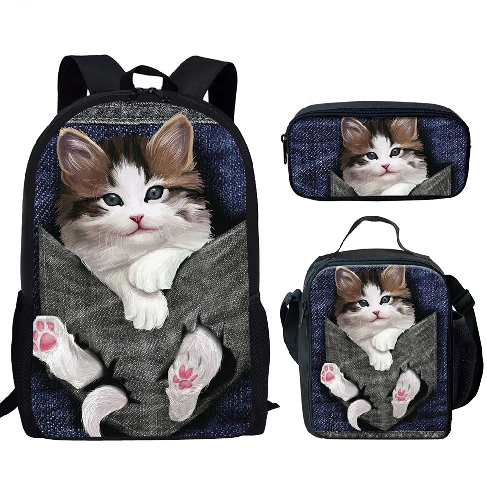 

HOMDOW Hip Hop Fashion Cute Cat Pattern 3D Print 3pcs/Set School Bags Laptop Daypack Backpack Inclined shoulder bag Pencil Case