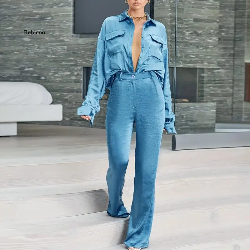 

2022 Fashion Women's Two-Piece Set Casual Waist Slim Long Sleeve Shirt and Wide Leg Trousers Office Ladies Outfit Spring Autumn