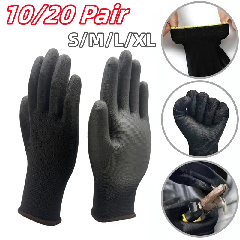 Work gloves 10pairs ventilate PU Coated Work Gloves Excellent Grip Nylon Shell Black Polyurethane Coated Safety Work Gloves Knit Wrist Cuff
