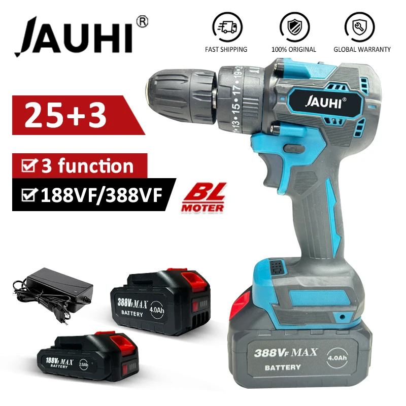 

JAUHI 25+3 Brushless Rechargeable Cordless Electric Screwdriver 10mm Impact Wireless Electric Drill Hand 2 Speed Power Tools