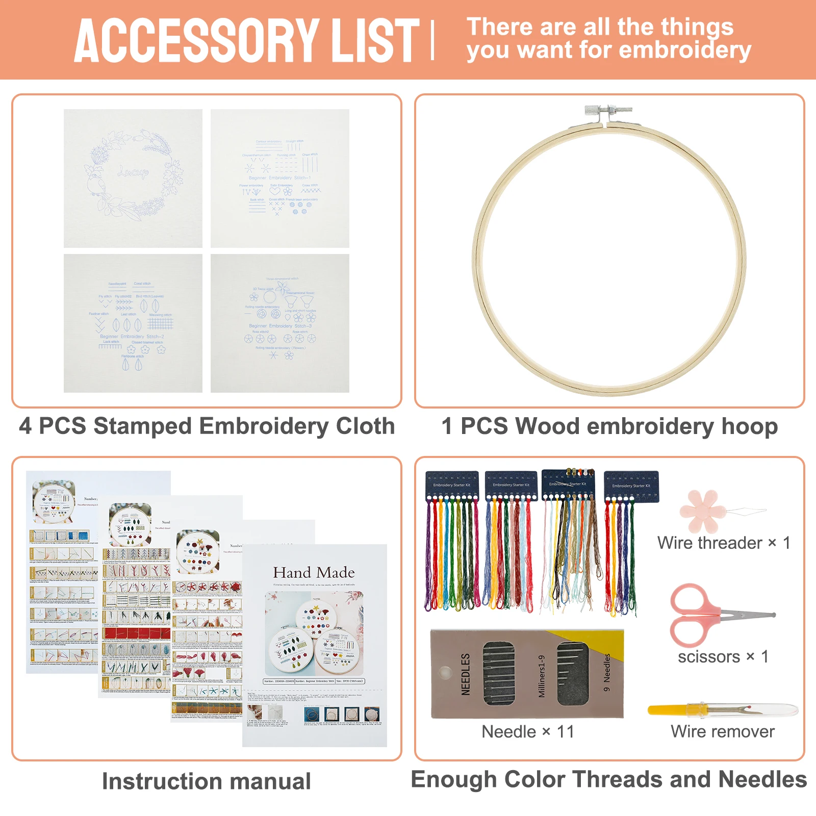 Embroidery Starters Kit with Pattern for Beginners, 4 Pack Cross Stitch Kits,  2 Wooden Embroidery Hoops,Scissors,Needles and Color Threads,Needlepoint Kit  for Adults