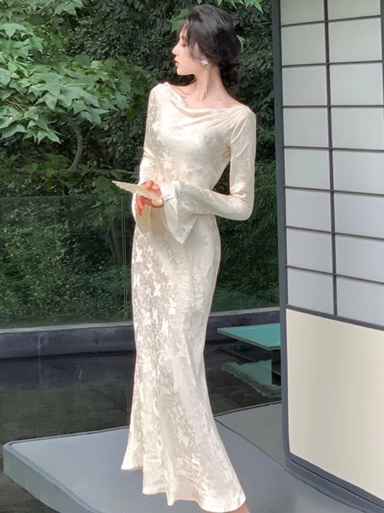 

Autumn Elegant Long Sleeve Women Dresses French Print Evening Party Slim Clothes Fashion New Lace-up Female One Pieces Vestidos