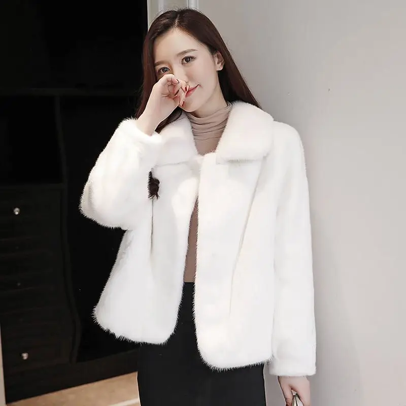 Women Cropped Faux Fur Coat Korean Fashion Autumn Winter Plush Outwear Solid Colors Imitation Mink Warm Turn Down Collar Jacket