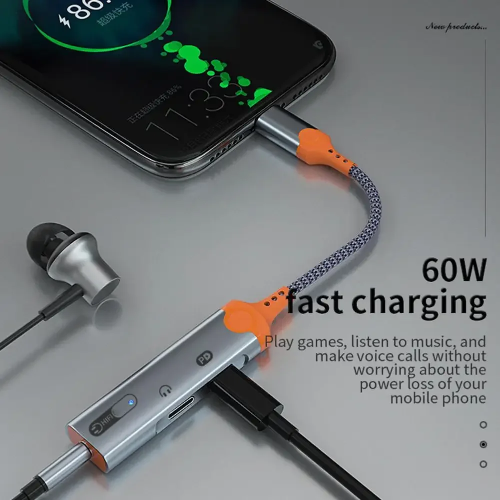 Eonline 2D PD 60W Fast Charging Splitter Earphone Converter Type C To 3.5Mm DAC Audio Dual Type C A For Huawei Samsung