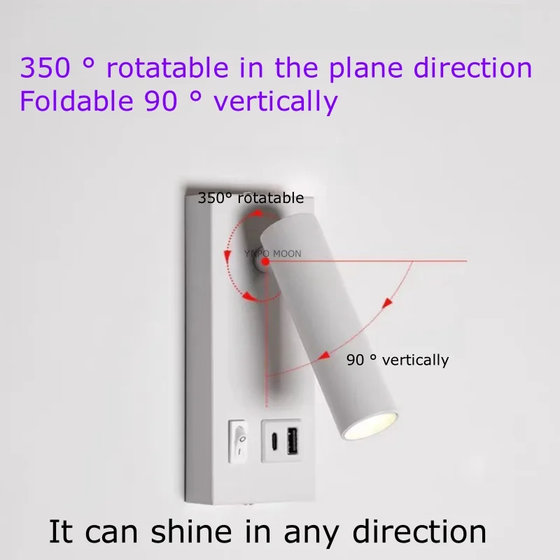 LED Wall Lamp USB Charging Type-C Rotating Surface Mounted Reading Wall Light 5W Spot Downlight for Bedroom Hotel Study