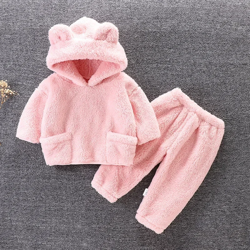 2Piece Autumn Winter Kids Clothes Girl Boys Outfit Sets Fleece Warm Cute Hooded Tops + Pants Baby Luxury Boutique Clothing
