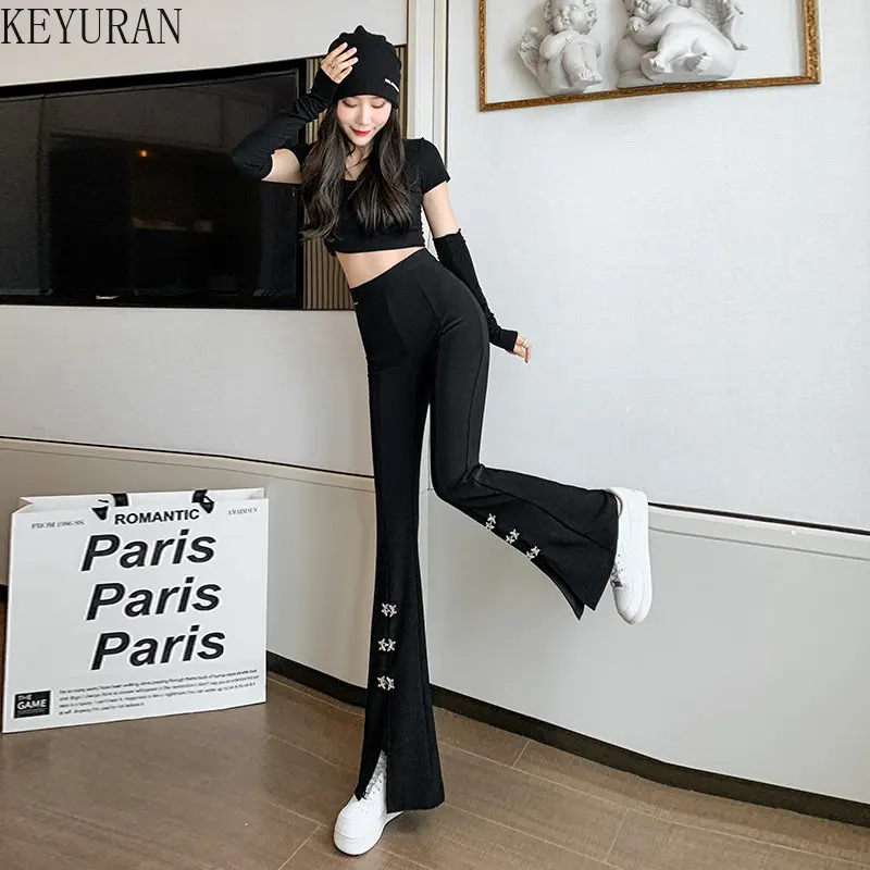 BLACK FLARE PANTS LEGGINGS STRETCHABLE, Women's Fashion, Bottoms