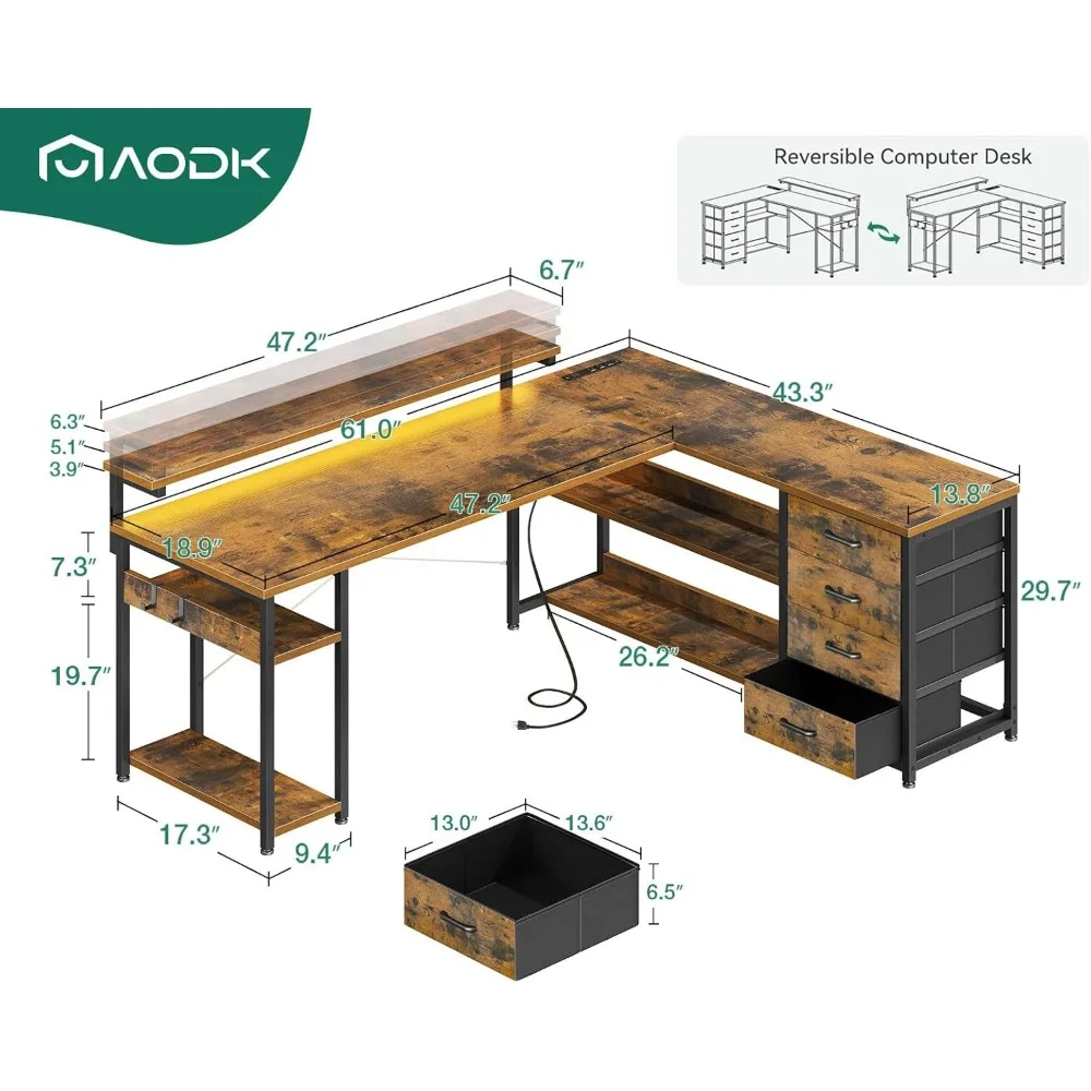 L Shaped Desk W/Drawer, Power Outlets, LED Lights and Monitor Shelf, for Home Office Workstation. Reversible Corner Gaming Desk 3