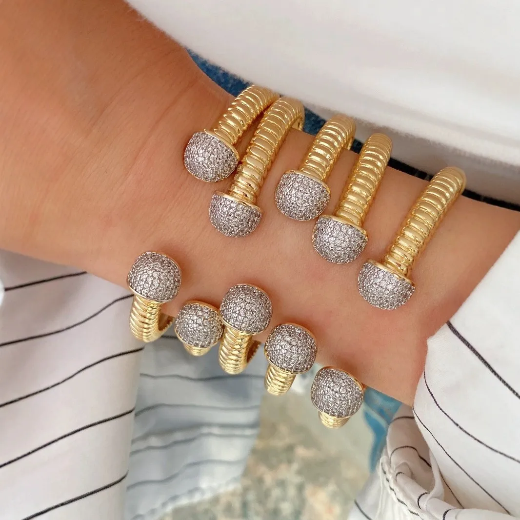 5PCS, Fashion Geometric Bracelet Bangles & Rings Open Design 18k Gold Plated Jewelry Gift For Girls