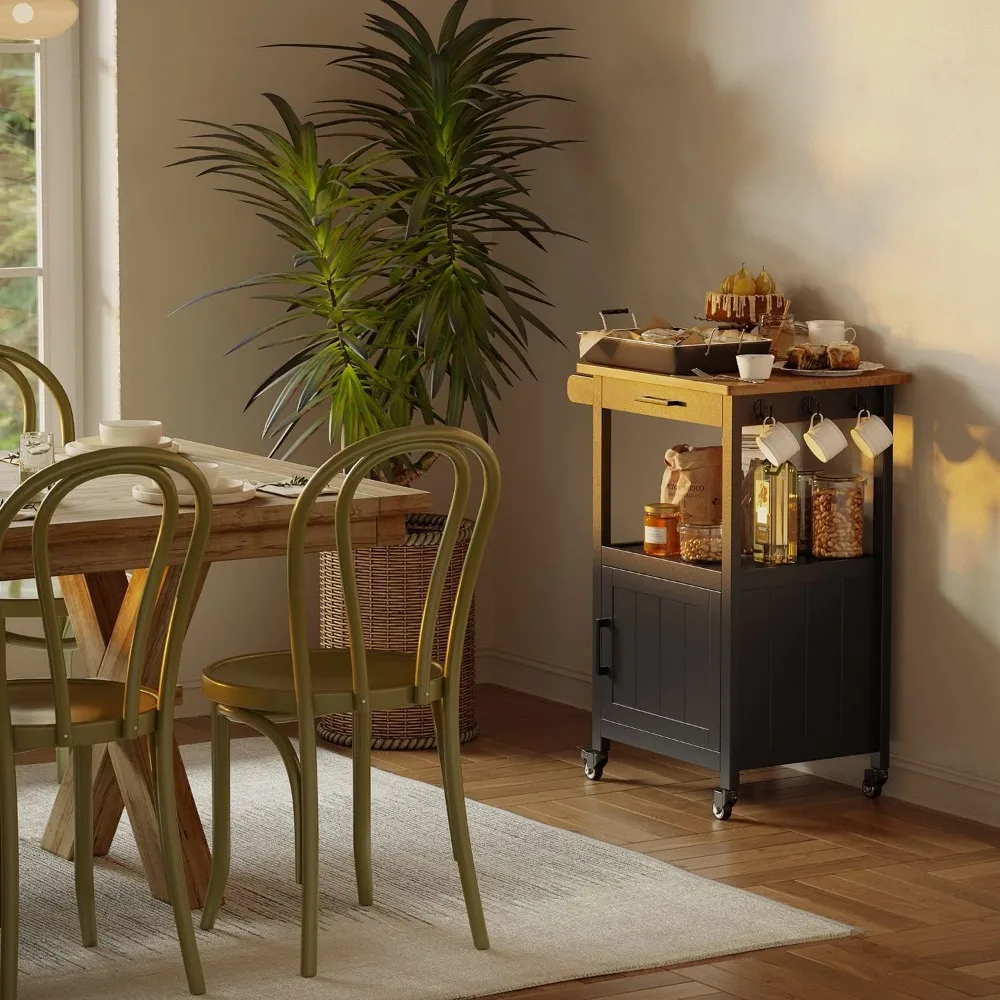 Kitchen Island Cart on Wheels with Drawer, Storage Cabinet, Shelf and Side Hook, Rolling Kitchen Cart with Rubber Wood Coun 5