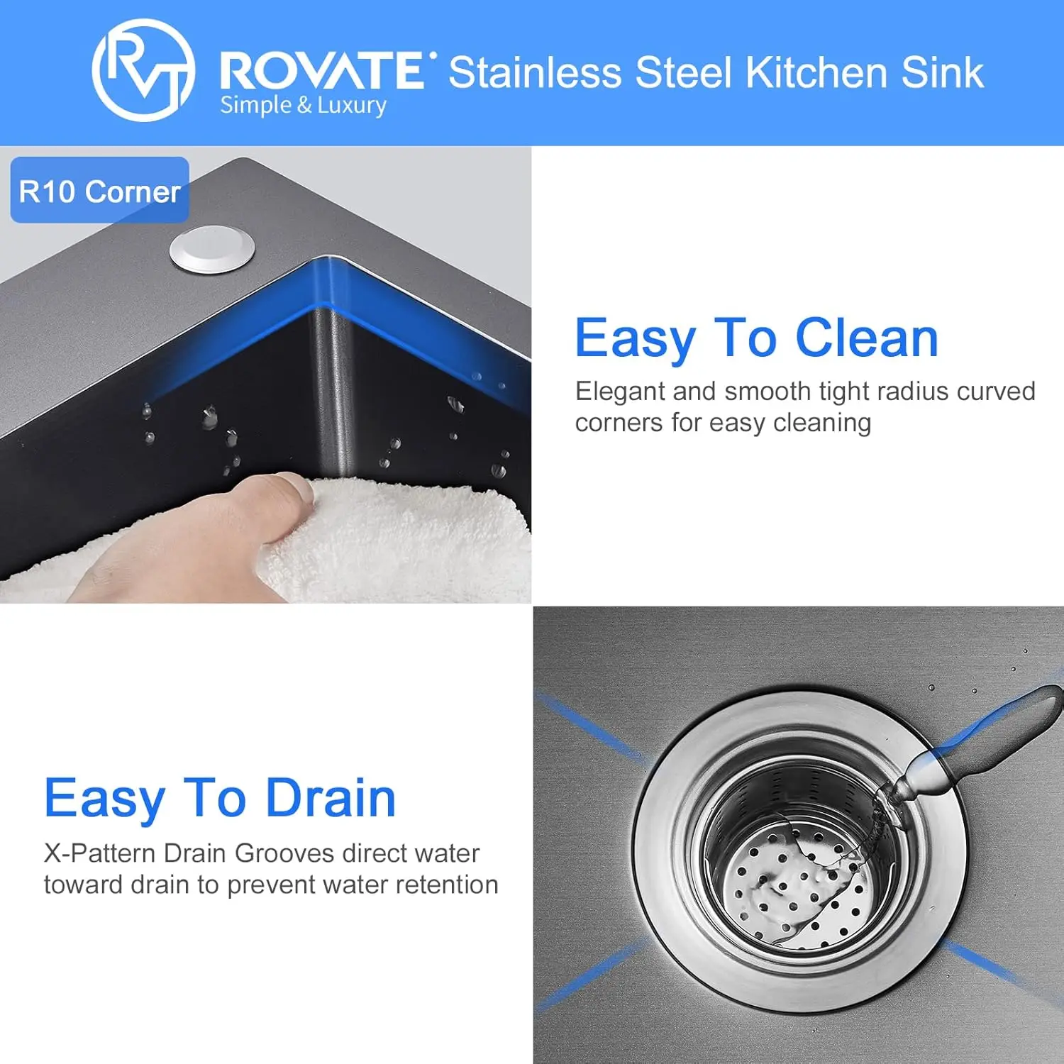 ROVATE 20x16 inch Drop-in Kitchen Sink Single Bowl Black Nano Top-Mount Kitchen Sink Handmade 304 Stainless Steel Overmount