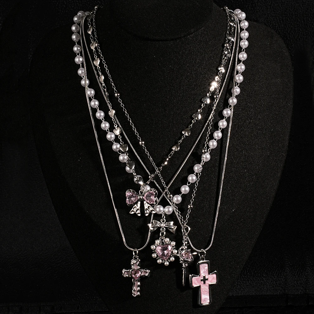 Y2K Sweet Cool Creative Inlaid Pink Love Zircon Bow Cross Pendant Necklace Set, Suitable for Women's Daily Wear, Small Jewelry G 2