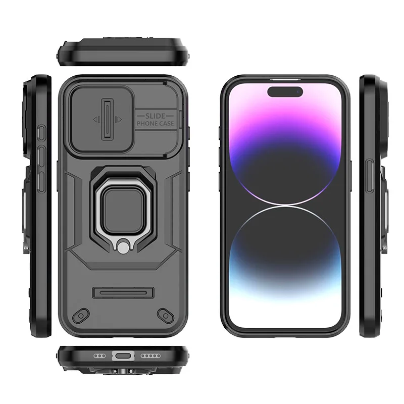 Bananq Slide Lens Camera Phone Case For iPhone 15 14 Plus 13 Pro Max Shockproof Magnetic Ring Stand Armor Back Cover_voghion.com