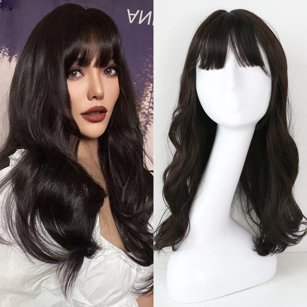 Sivir Synthetic wigs for  Woman With Bangs  Wavy   Black /Brown/Honey Tea Flax 3 color Heat Resistant Fibre Full Machine Hair synthetic topper with bangs s curly 3d french banks women s hairpiece clip in extension for hair volume non remy machine