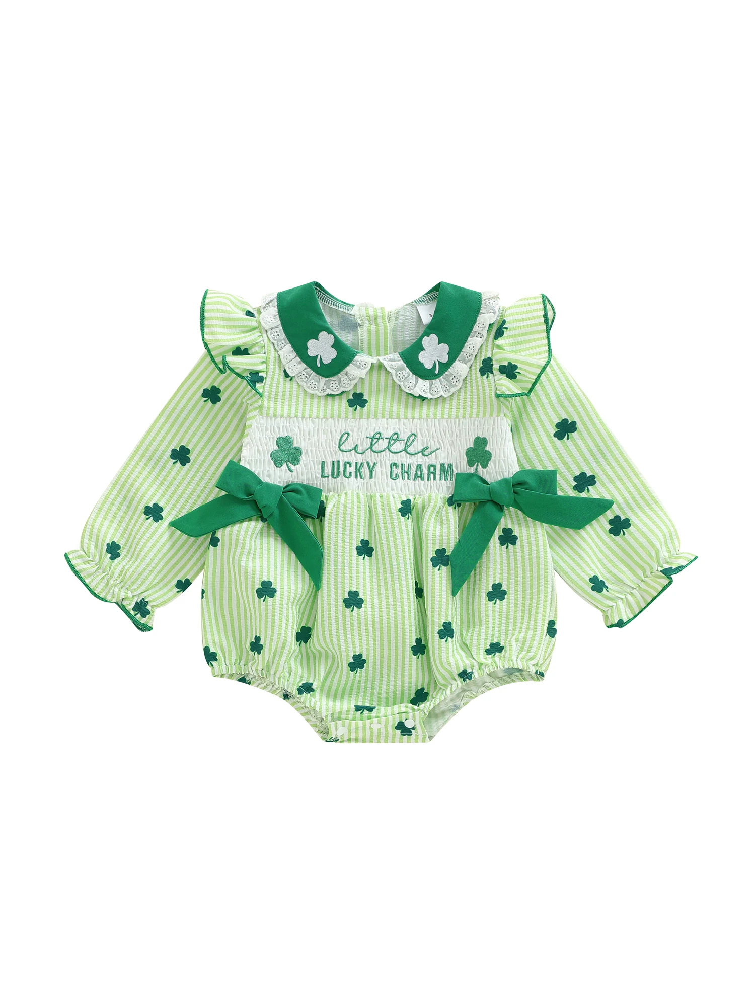 Infant Spring Jumpsuit Clover Pattern Lace-Edged Doll Collar  Suit with Ribbon Embellishments and Stripes