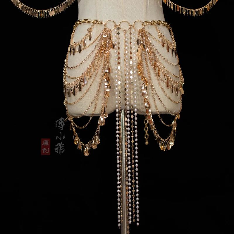 Clothing Accessories Tassel with Pearl Irregular Pendant Body Chains Waist Chain Ancient Style Dancing Ornament ExquisiteFashion