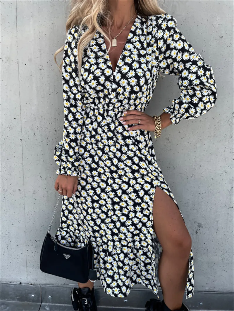 

2023 Autumn Winter New Floral Printed Slit Dresses For Women Long Sleeve V-neck A-line Long Dress Casual Beach Vacation Vestidos