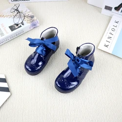 Autumn Flat Round Toe Brogue Style Shoes Zipper Bullock Version Little Girl Leather Boots Single Boots Kids Shoes for Girl
