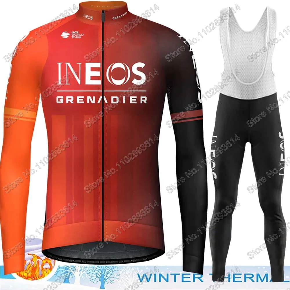 Ineos Grenadier 2024 Maglia Da Ciclismo Invernale Set In Pile Termico Abbigliamento Arancione Pantaloni Da Strada A Maniche Lunghe Bavaglino Tuta Da B