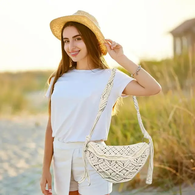 Boho Chic Borse Tessuto Estive Borsa In Paglia Con Fiori All'uncinetto