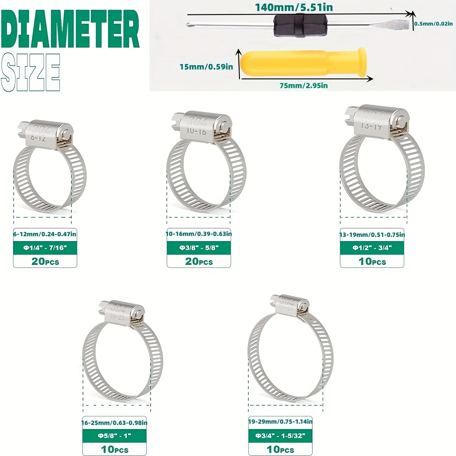 Description Picture 5 of item60 PCS Adjustable Stainless Steel Hose Clamps Worm Gear Hose Clamp 8-38mm Stainless Steel Hose Lock for Water Pipe Pipes