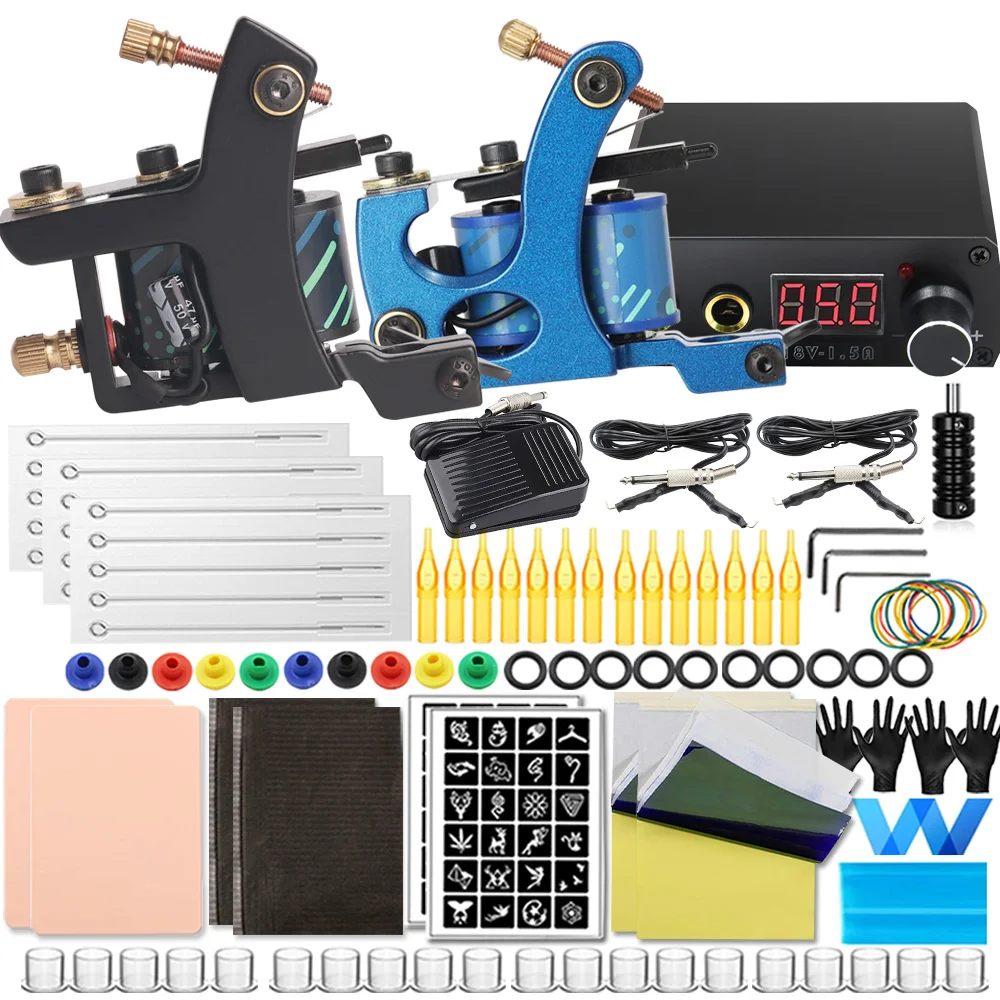 Complete Coils Tattoo Kit Liner Shader Coil Machines Set with Power Supply Inks Pigment Tattoo Needles Tattoo Beginner Set kaisi 10cc green oil uv solder mask ink pcb bga paint prevent corrosive arcing soldering paste flux inks with uv curing light